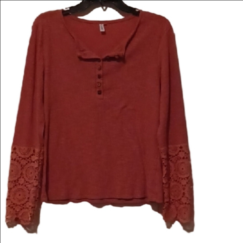 - Kancystore Women's Lace Sleeve Top - Pink Size Large